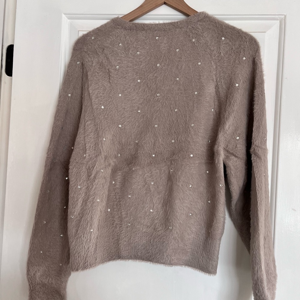 Elegant Taupe Sweater with Rhinestone Accents